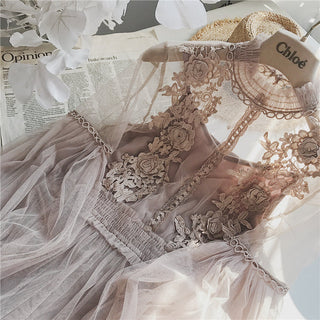 2022 Brand New Women Romantic Tulle Dress Stand Collar Beading Tassels Ruffles Long Sleeve Mesh Dress Cute Mid Dress Vestidos ALODIA STORE