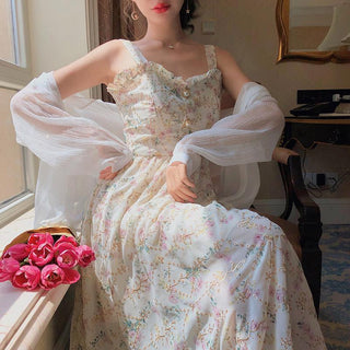 Spaghetti Strap Women French Elegant Vintage Floral Dress sweat ALODIA STORE