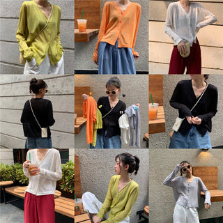 Cardigan Women Korean Long Sleeve Cardigan Summer Cropped Cardigan Knitted V-Neck Thin Ice Silk Sweaters Sunscreen Shirt Tops ALODIA STORE