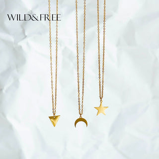 Wild&amp;Free Gold Plated Triangle Moon Star Pendant Necklace For Women Girls Short Geometric Charm Necklace ladies gift ALODIA STORE