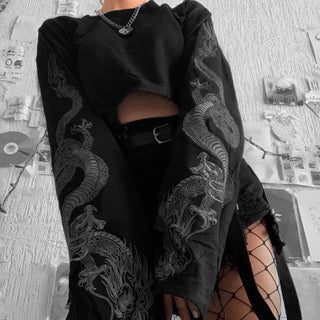 Vintage Long Sleeve Crop Top for Women Short T Shirt Aesthetic Tshirt Croptop Japanese Traditional Dragon Print Graphic Clothes ALODIA STORE