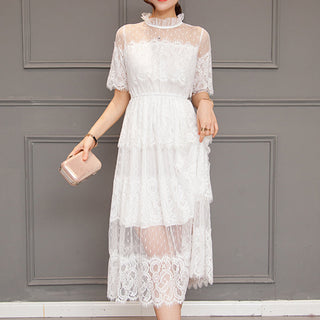 2022 Brand New Women Romantic Tulle Dress Stand Collar Beading Tassels Ruffles Long Sleeve Mesh Dress Cute Mid Dress Vestidos ALODIA STORE