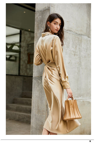 AEL lace up satin robe dress casual loose ladies Single breasted long shirt dress ALODIA STORE