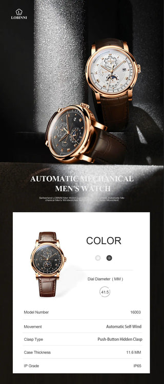 Vintage simple style Automatic Mechanical Switzerland Luxury Brand LOBINNI Watch Men Sapphire Waterproof Men's Clock Male Watch ALODIA STORE