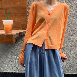 Cardigan Women Korean Long Sleeve Cardigan Summer Cropped Cardigan Knitted V-Neck Thin Ice Silk Sweaters Sunscreen Shirt Tops ALODIA STORE
