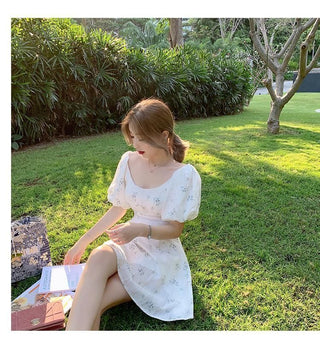 Summer Elegant Puff Sleeve French Floral Print Mini Dress Japan Style Kawaii Dress Women 2023 ALODIA STORE