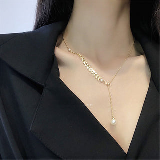 women geometry necklace, pearl asymmetry of fashionable, metal, aureate bowknot, collarbone chain necklace fashion ALODIA STORE