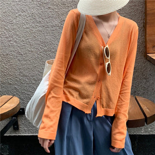 Cardigan Women Korean Long Sleeve Cardigan Summer Cropped Cardigan Knitted V-Neck Thin Ice Silk Sweaters Sunscreen Shirt Tops ALODIA STORE
