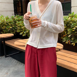 Cardigan Women Korean Long Sleeve Cardigan Summer Cropped Cardigan Knitted V-Neck Thin Ice Silk Sweaters Sunscreen Shirt Tops ALODIA STORE