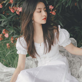 Elegant Fairy Dress Women White French Puff Sleeve ALODIA STORE