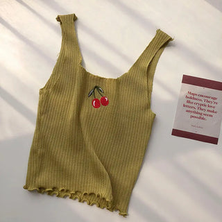 Cherries Embroidery Sleeveless Ropa Para Mujer Cropped Black Top Knitted Tank White Ribbed Camis Purple Croptop Womens Clothes ALODIA STORE