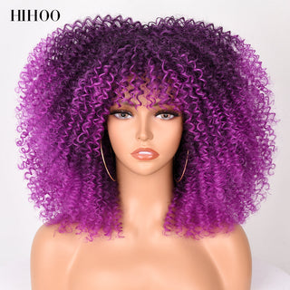 16''Short Hair Afro Kinky Curly Wig With Bangs For Black Women Cosplay Lolita Synthetic Natural Glueless Brown Mixed Blonde Wigs ALODIA STORE