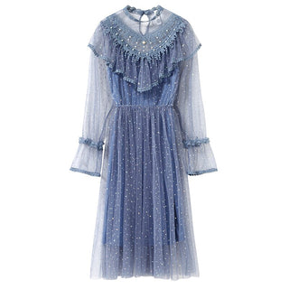 2022 Brand New Women Romantic Tulle Dress Stand Collar Beading Tassels Ruffles Long Sleeve Mesh Dress Cute Mid Dress Vestidos ALODIA STORE