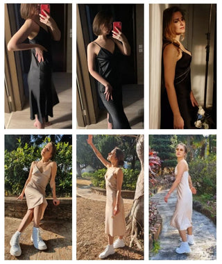 2023Women Satin Deep V Neck Sexy Dress Solid Straight Pajamas Party Dress Elegant Female Summer Spaghetti Strap Dress Casual ALODIA STORE