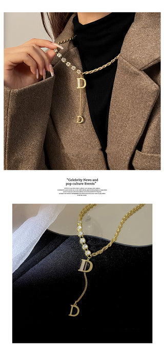 Design Sense Micro Setting Zircon D Letter Pendant Long Necklace Winter Sweater Chain Fashion Jewelry For Woman Girls Party Gift ALODIA STORE