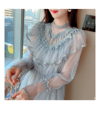 2022 Brand New Women Romantic Tulle Dress Stand Collar Beading Tassels Ruffles Long Sleeve Mesh Dress Cute Mid Dress Vestidos ALODIA STORE