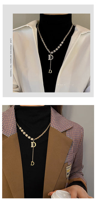 Design Sense Micro Setting Zircon D Letter Pendant Long Necklace Winter Sweater Chain Fashion Jewelry For Woman Girls Party Gift ALODIA STORE