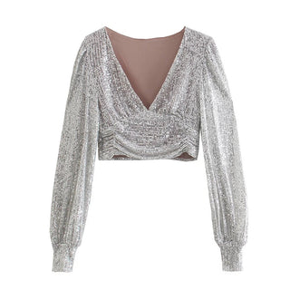 Elegant Women Sequined Tops 2021 Spring Fashion Ladies Vintage Silver Top Party Female Sexy V-Neck Tops Femme Girls Chic Clothes ALODIA STORE