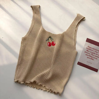 Cherries Embroidery Sleeveless Ropa Para Mujer Cropped Black Top Knitted Tank White Ribbed Camis Purple Croptop Womens Clothes ALODIA STORE