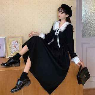 Vintage Dress Women Sweet Lace Peter Pan Collar French Elegant Long Sleeve Lace-Up Fairy One Piece Dress Korean 2021 Autumn Chic ALODIA STORE
