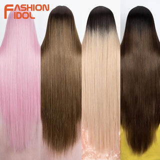 38 inch Straight Hair Synthetic Lace Front Wigs For Women High Temperature Fiber Ombre Blonde Highlight Cosplay Wig FASHION IDOL ALODIA STORE