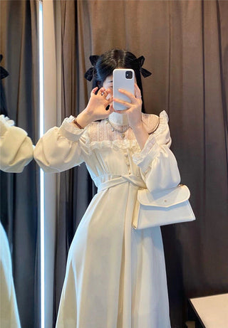 French Lace Vintage Dress Puffer Sleeve ALODIA STORE