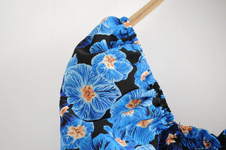Vintage Blue Floral Print Dress Women Lantern Sleeve Square Neck A-line Dress Modern Female Holiday Summer Mini Chiffon Dress ALODIA STORE