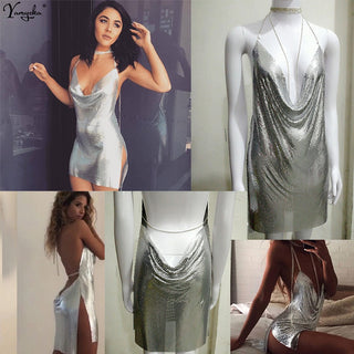 Sexy Backless y2k Metal Party Summer Dress Women Beach Night club Mini slip dress Glitter Sequin ladies Dresses Vestidos HL ALODIA STORE