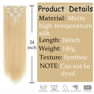 24Inchs 16 Clips in Hair Extensions Long Straight Hairstyle Synthetic Blonde Black Hairpieces Heat Resistant False Hair ALODIA STORE