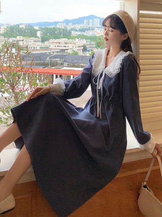 Vintage Dress Women Sweet Lace Peter Pan Collar French Elegant Long Sleeve Lace-Up Fairy One Piece Dress Korean 2021 Autumn Chic ALODIA STORE