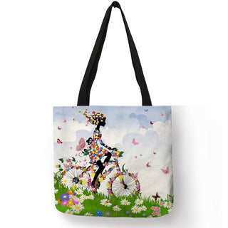 Wishing Girl Print Linen Reusable Shopping Bags ALODIA STORE