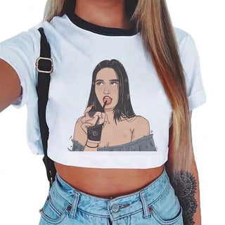2020 New Summer Sexy Girls Printing Fashion Harajuku Sexy Tank Crop Top Mujer White Tops Clothes Women Croptop Short Sleeve ALODIA STORE