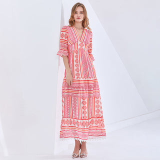 TWOTWINSTYLE Print Vintage Spring Dress For Women V Neck Half Sleeve High Waist Elegant Maxi Dresses Female Fashion New Clothes ALODIA STORE