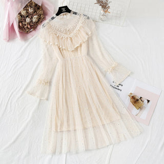 2022 Brand New Women Romantic Tulle Dress Stand Collar Beading Tassels Ruffles Long Sleeve Mesh Dress Cute Mid Dress Vestidos ALODIA STORE
