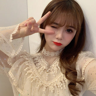 2022 Brand New Women Romantic Tulle Dress Stand Collar Beading Tassels Ruffles Long Sleeve Mesh Dress Cute Mid Dress Vestidos ALODIA STORE