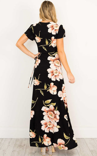 2023 Summer Short Sleeved Long Dress V-neck Split Print Fashion Retro Tiktok Consignment Rayon Robe for Women Party Wedding ALODIA STORE