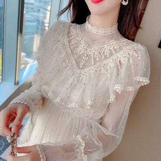 2022 Brand New Women Romantic Tulle Dress Stand Collar Beading Tassels Ruffles Long Sleeve Mesh Dress Cute Mid Dress Vestidos ALODIA STORE