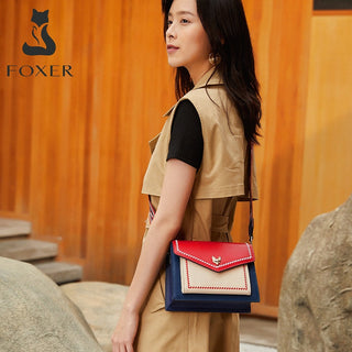 FOXER Brand Women Messenger Crossbody Bag Lady Colorful Panelled Flap Designer Shoulder Bag Small Split Leather Purse for Female ALODIA STORE