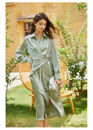 AEL lace up satin robe dress casual loose ladies Single breasted long shirt dress ALODIA STORE