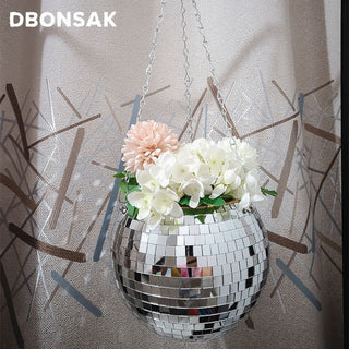 Disco Ball Hanging Flower Pot For Indoor Plants Bohemian Style Flower Planter Pots Rope Mirror Hanging Basket Garden Decor Vase ALODIA STORE