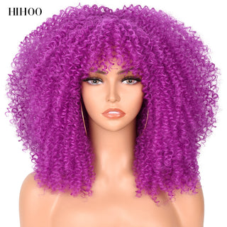 16''Short Hair Afro Kinky Curly Wig With Bangs For Black Women Cosplay Lolita Synthetic Natural Glueless Brown Mixed Blonde Wigs ALODIA STORE