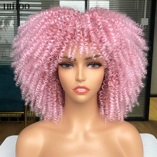 Short Afro Kinky Curly Wig With Bangs For Black Women Cosplay Lolita Natural Hair Ombre Mixed Brown Synthetic African Wigs ALODIA STORE