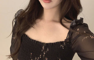 Sexy Black Dress Vintage Flower Long Puff Sleeve Chiffon Dresses ALODIA STORE