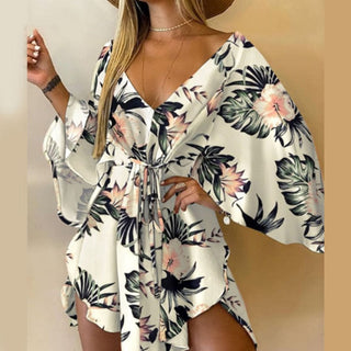Casual Leaf Leopard Print Harajuku Batwing Sleeve Dress Lady Elegant Lace-Up Irregular Party Dress Sexy V-Neck Women Mini Dress ALODIA STORE