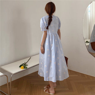 Alien Kitty Vinatge Floral Embroidery Elegant Women Dress 2021 New Summer Korean Style Puff Sleeve Party Long Dresses Vestidos ALODIA STORE