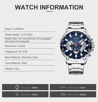 Curren Men’s Watches Top Brand Luxury Chronograph Quartz Men Watch Waterproof Sport Wrist Watch Men Stainless Steel Male Clock ALODIA STORE