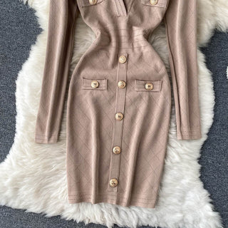 Women Knitted Pencil Dress Korean Long Sleeve V Neck Elastic Slim Dress ALODIA STORE