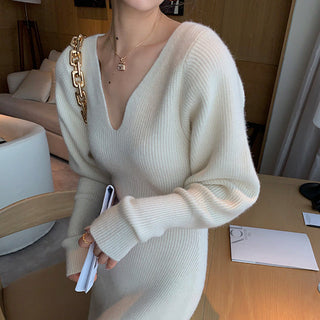Elegant Long White Knitting Dress Women Winter V-Neck Long ALODIA STORE
