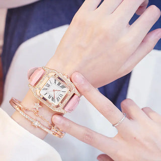 Women Diamond Watch Starry Square Dial Bracelet Watches Set Ladies Leather Band Quartz Wristwatch Female Clock Zegarek Damski ALODIA STORE