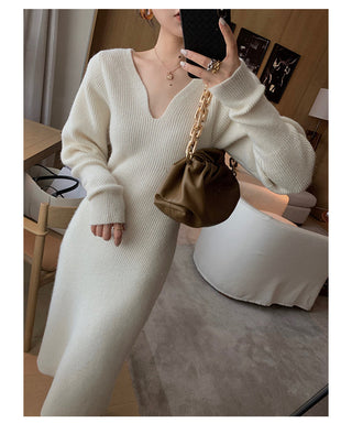 Elegant Long White Knitting Dress Women Winter V-Neck Long ALODIA STORE